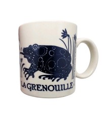 Taylor & Ng Blue La Grenouille Ceramic Mug Frog Dragonfly Butterfly 1978 Smudged picture