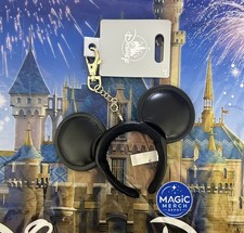Disney Parks 2026 Mickey Mouse Headband Ears All Black Faux Leather Keychain New picture