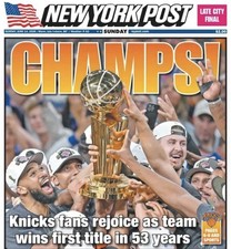 NEW YORK POST NEWSPAPER KNICKS WORLD CHAMPS WE'RE NUMBER BRUN 6/14/26 picture