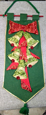 Vtg Felt and Sequin Holiday Christmas Banner Bows Bells w/Dowel approx. 26x11