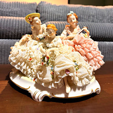 Vintage Germany Dresden Style Porcelain Lace 3 Ladies Musical Group Figurine picture