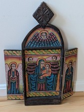 Vintage Ethiopian Coptic Wooden Diptych Icon Hand-Painted Religious Folk Art picture