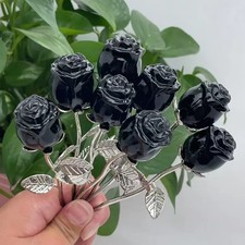 3PCS Genuine Black Obsidian Hand Carved Crystal Flower Healing Reiki Home Decor picture