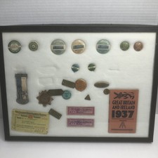 A Framed Collection of VTG Memorabilia Transportation Pins,Badges, Paper Tickets picture