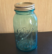 Antique Ball Perfect Mason Jar 1913-1923 Aqua Blue Glass 1 Quart Mold 15  picture