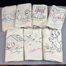 Vintage NOS Hand Embroidered Flour Sack Tea Towels Set 7 Puppy Days Week XL MCM picture