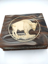 Vintage JW Roberts Incolay Stone 3D Buffalo/Bison Jewelry Box Western Design picture