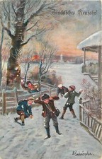Postcard C-1910 New Year Children Snowball fight Winter Scene Schropler 24-7232 picture