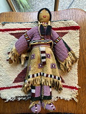 Native American Style Handmade Beaded Leather Doll w/ Purple Outfit Stand picture
