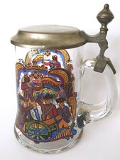 MILITARY SCENE ZINN  Vintage  W. Germany 16 oz. Glass Beer Stein Pewter Lid MINT picture