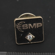 SMP Logo Black Gold Tone Lapel Pin Clear Rhinestone Corporate Award picture