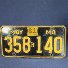 Vintage 1961 Missouri License Plate 358 R 140 Black Yellow Original MO May picture