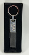 Genuine Audi Leather & Metal Keychain Premium Chrome Key Fob Ring picture