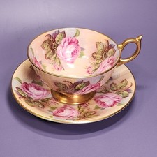 Rare Vintage Aynsley 13 Cabbage Roses Gold Exterior Bone China Teacup & Saucer picture