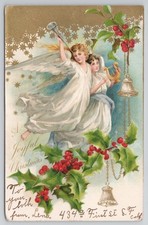 c.1907 Joyful Christmas Angels Bells Harp Horn Embossed Undivided Nome Postcard* picture