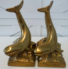 Vintage PM Craftsman Bookends Brass Pair Coastal Beach Nautical Whale Decor Gold picture