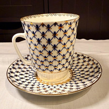 Lomonosov Porcelain Blue & Gold Diamond Pattern w Gold Accents Porcelain Tea Set picture