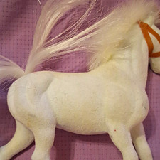 White Plastic Horse Figurine Model w/ Long Mane & Tail, Brown Bridle picture