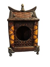 Vintage Asian Style Pagoda Wood Trinket Shrine Box Bamboo Woven Design Decor picture
