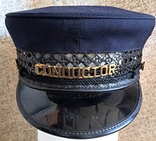 RARE ANTIQUE TRAIN CONDUCTOR HAT NAVY W VISOR RUBY UNIFORM MFG CHICAGO W BADGE picture