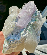 Rare stunning huge Kunzite on matrix w/green tourmaline and quartz 894 grams. picture