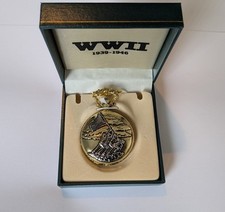WWII Pocket Watch Iwo Jima Flag Raising Corsair Planes Gold Chain Gift picture
