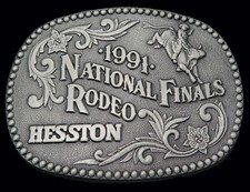 1991 Hesston Rodeo Western Cowboy Bull Riding NFR Vintage Belt Buckle picture