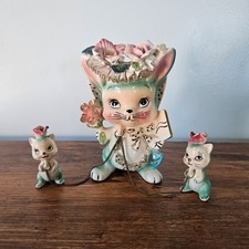 Vintage Kitsch Rabbit Cat with Little Ones Ceramic Figurine Green *FLAW* picture