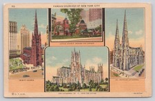 1938 NYC Famous Churches Postcard - Trinity, St. Patrick's, St. John the Divine picture