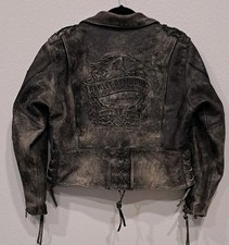 Harley-Davidson Distressed Vtg Women's Leather Jacket Large Black Lace-Up Sides picture