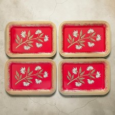Vtg Metal Tip Trinket Tray Red Gold Floral 1960s Tin Litho Coaster 6x4 Set of 4 picture