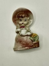 Japan Porcelain Girl Watering Flowers Figurine Mid Century Bonnet Kitsch VTG picture
