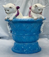 Antique German Meissen Type Porcelain Kittens In A Basket Vase Bowl Planter Rare picture