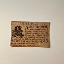 To Be Sold A Schooner Feb 1799 Wright & Briggs Boston 1799 Clipping 5AK9-S9 picture