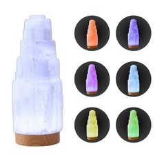 Selenite Tower Lamp, 7 Colors, Wooden LED Base, Cleansing & Crystal Decor Gift picture