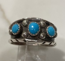 Vintage Navajo Sterling Silver 3-Stone Turquoise Ring Size 11 picture