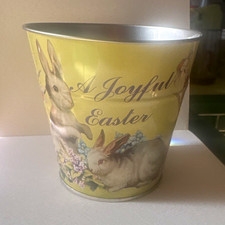 A Joyful Easter Painted Metal Round Bucket, Rabbit Bunny Floral, Yellow picture