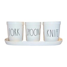 Rae Dunn by Magenta SPOON FORK KNIFE Utensil Holders + Tray 4 Piece Crock Set A+ picture