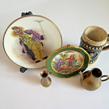 Lot Of Vintage Miniatures (5) Porcelain Plates Beer Stein Brass Pitcher Vase picture