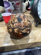 Vintage Peruvian Folk Art Hand Carved Gourd Mate Burilado Amazon Jungle Animals picture