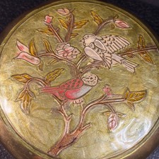 Vintage Brass Trinket Box Enamel Bird Lid Hand Painted Mid Century Decor picture