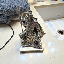 Silver-Tone Chinese Warrior Figurine Statue with Removable Spear/Polearm picture
