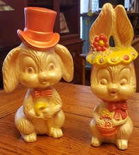 Vintage 1983 Ceramic hand painted Rabbits Couple Easter picture