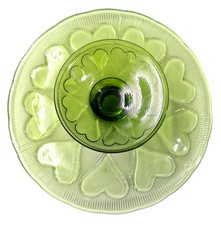 Vintage Green Glass Compote Dish with an etched Heart pattern Vintage Footed Ser picture