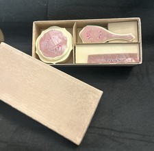 VINTAGE INFANT CHILD’S DOLL PINK FLOWER, VANITY BRUSH SET & ORIGINAL BOX picture