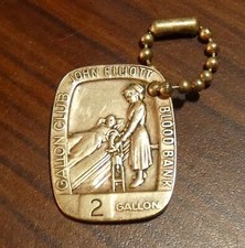 John Elliott Blood Bank 2 Gallon Club, Miami, brass fob 1950s, blood donation picture