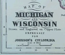 Antique 1885 MICHIGAN WISCONSIN Map ~ Old Original AJ JOHNSON COPPER PLATE picture