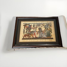 LARGE FRAMED EGYPTIAN PAPYRUS ART KING TUTANKHAMUN & QUEEN ANKHESENSAMUN 30”x22” picture