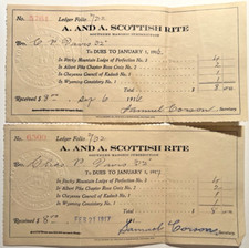 Cheyenne WY 1916 & 17 A. AND A. SCOTTISH RITE Set of 2 Dues Receipts Masonic 3F picture