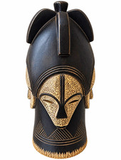 African Culture Wood Mask Decorative, Lega Hand Carved, Black/Tan Gold Accents picture